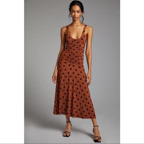 NEW Anthropologie Maeve Black Brown Ruched V-Neck Polka Dot Midi Dress  Medium
